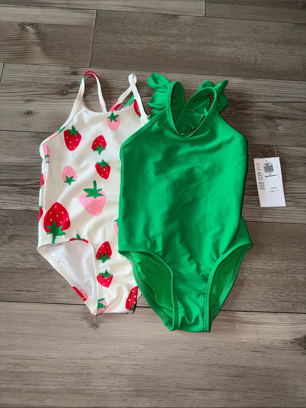 Old Navy Girls Green & Strawberry Print One-Piece Swimsuits